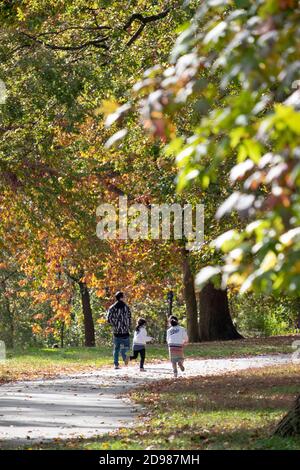 Une famille se promène dans le parc de Kissena au milieu des magnifiques couleurs de l'automne. À Flushing, Queens, New York. Banque D'Images