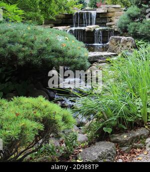 Une chute d'eau en pierre qui se cascade dans un étang dans un jardin japonais paysagé à Janesville, Wisconsin, États-Unis Banque D'Images