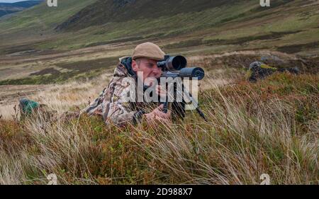 Écosse, Royaume-Uni – UN deerstalker dans les Highlands écossais à la recherche d'un cerf rouge Stag pendant la saison d'abattage Banque D'Images