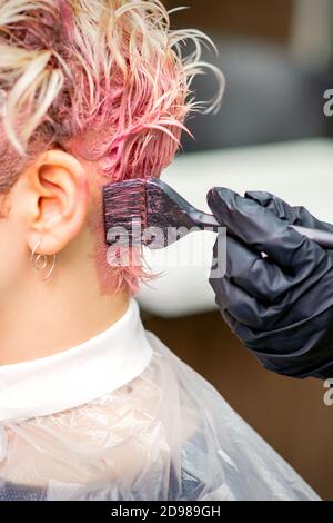 Main de coiffeur teinture cheveux de couleur rose par pinceau sur le dos de la tête de la jeune femme caucasienne dans la beauté salon Banque D'Images