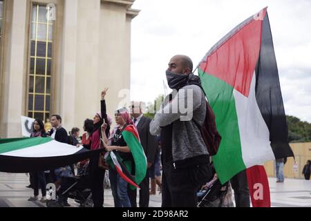 Des partisans du peuple palestinien se sont réunis sur la place du Trocadéro à Paris le 28 août 2014 pour dénoncer la colonisation des territoires palestiniens Banque D'Images