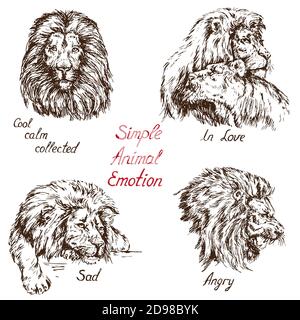 Lion jeu d'émotions animales simples, avec inscription, cool, calme, recueilli, triste, en colère, dans l'amour; Doodle dessiné à la main, esquisse style de coupe de bois, illustration Banque D'Images