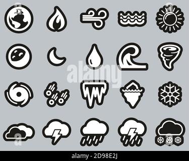 Nature Elements Icons blanc sur noir ensemble d'autocollants grand Illustration de Vecteur