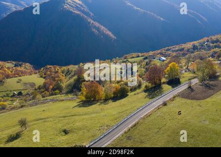 Vue aérienne de la route épique de campagne et de la forêt d'automne d'en haut, point de vue de drone Banque D'Images