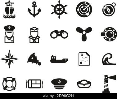 Icônes de bateau et d'équipement nautique ensemble noir et blanc grand Illustration de Vecteur