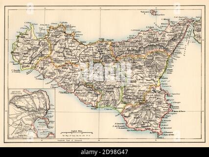 Carte de Sicile dans les années 1870. Lithographie de couleur Banque D'Images