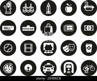 New York City & Culture Icons blanc sur Black Flat Design Circle Set Big Illustration de Vecteur