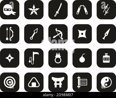 NINJA & Ninja Equipment Icons White on Black Flat Design Définir grand Illustration de Vecteur