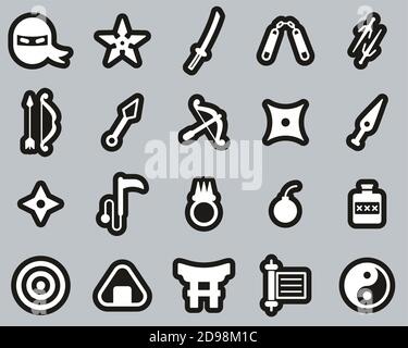 Ensemble d'autocollants NINJA & Ninja Equipment Icons blanc sur noir Grande Illustration de Vecteur