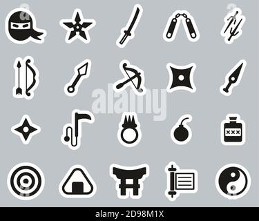 Ensemble d'autocollants noir et blanc NINJA & Ninja Equipment Icons Grande Illustration de Vecteur