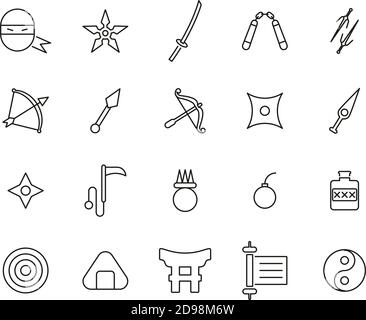 Ninja & Ninja Equipment Icons Black & White Thin Set Grande Illustration de Vecteur