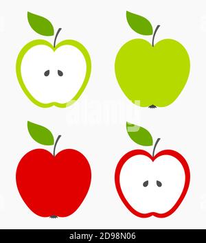 Pommes. Ensemble de rouge, vert et demi de fruits avec feuille. Illustration vectorielle Illustration de Vecteur