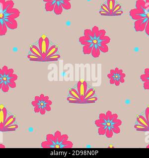 Motif pour la fille. Couronne princesse et fleurs. Motif vectoriel sans couture pour enfants. Couronnes d'or sur fond beige. Rouge et bleu. Illustration de Vecteur