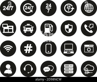 Service NonStop ou 247 icônes de service blanc sur plat noir Design Circle Set Big Illustration de Vecteur