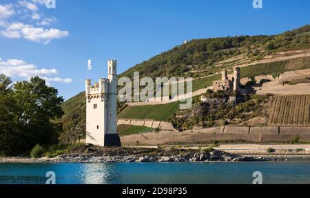 Tour de la souris aux couleurs historiques et ruines du château d'Ehrenfels. Rhénanie-Palatinat, Allemagne, Europe Banque D'Images