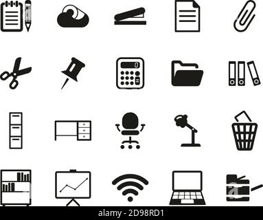 Fournitures de bureau icônes ensemble noir et blanc grand Illustration de Vecteur