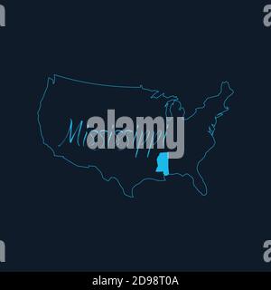 Etat du Mississippi mis en évidence sur la carte des Etats-Unis d'Amérique , modèle infographique des Etats-Unis. Illustration du vecteur de stock isolée sur fond bleu. Illustration de Vecteur