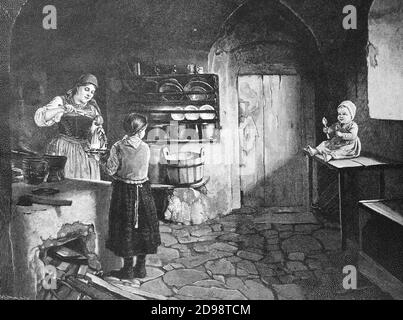 Cuisine scène dans une ferme, 1887, Autriche, le bébé affamé attend impatiemment son repas / Küchenszene dans einem Bauernhaus, 1887, Österreich, das hungrige Baby wartet ungeduldig auf seine Mahlzeit, Historisch, historique, numérique amélioration de la reproduction d'un original du 19ème siècle / digitale Reproduktion 19. Jahrhundert, Banque D'Images