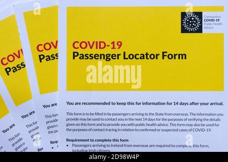 Covid 19 Passenger Locator Form comme condition légale par le Gouvernement irlandais comme doit remplir le document avant d'arriver à La République d'Irlande Banque D'Images