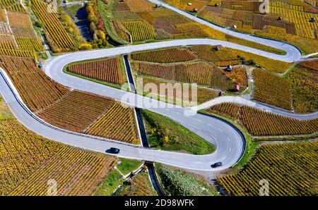 Une route de campagne en serpentin qui serpente à travers les vignobles d'automne dans la région viticole de Leytron, Leytron, Valais, Suisse Banque D'Images