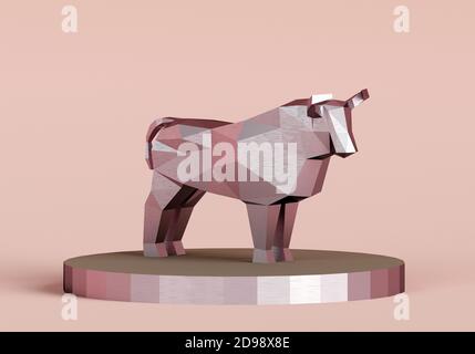 figurine d'un taureau en métal polygonal simplifié sur un stand, symbole de la nouvelle année 2021, rendu 3d Banque D'Images