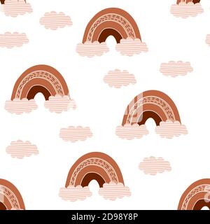 Motif sans couture avec arcs-en-ciel et nuages boho dessinés à la main. Illustration vectorielle. Illustration de Vecteur