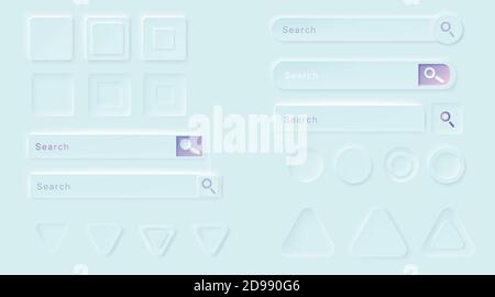 Boutons Neumorphic pour l'application iu. Éléments de conception 3d vectoriels pour interface utilisateur, cercle vide, icônes souples triangulaires et carrées, formulaires Web et barres de recherche pour fond bleu de site Web ou d'application Illustration de Vecteur