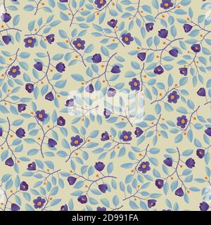 Fond floral - motif sans couture, branches avec feuilles et fleurs violettes sur le gris clair. Illustration vectorielle, design pour papier peint, textile, tissu, emballage. Illustration de Vecteur