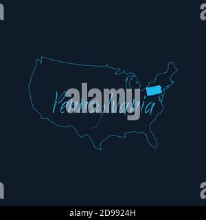 État de Pennsylvanie mis en évidence sur la carte des États-Unis d'Amérique , modèle d'infographies des États-Unis. Illustration du vecteur de stock isolée sur fond bleu. Illustration de Vecteur