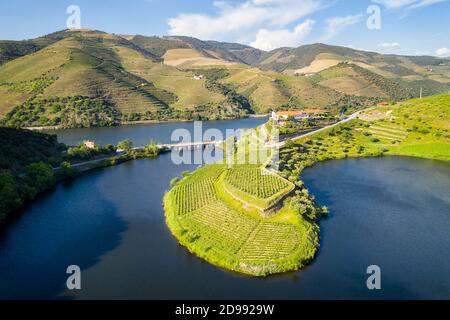 Région de la vallée du vin du Douro drone vue aérienne de la rivière en forme de s Bend à Quinta do Tedo au coucher du soleil, au Portugal Banque D'Images