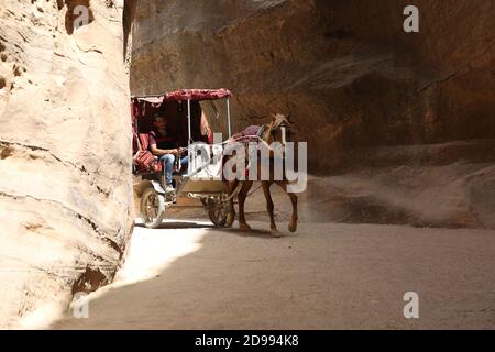 Les promenades en calèche et à cheval en Jordanie sont célèbres. Le sud de la Jordanie à cheval où la nature est incroyablement belle et sauvage. L'une de ses merveilles naturelles est le paysage désertique le plus impressionnant du monde : Wadi Rum. Ce vaste désert, riche en couleurs et en échos est un véritable paradis pour les amoureux de la nature. Jordanie. Banque D'Images