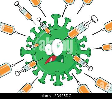 la seringue avec vaccin attaque le coronavirus -19 covid. dessin animé clip art Illustration de Vecteur