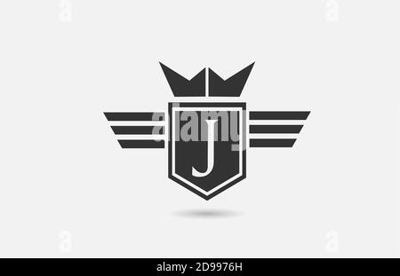 J lettre lettre logo icône pour l'entreprise en noir et blanc. Badge créatif avec ailes King Crown et bouclier pour l'entreprise et les affaires Illustration de Vecteur