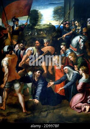 Christ portant la croix et sur le chemin du Mont Calvaire, copie peinte au XVIIe siècle par Juan Carreño de Miranda de l'œuvre El Pasmo de Sicilia ou Caída en el camino del Calvario, Qui a été peint vers 1515 ou 1517 par Rafael Sanzio 1654 Juan Carreno de Miranda 1614-1685 Espagne espagnole Banque D'Images