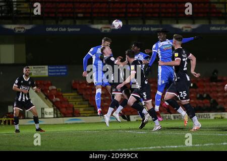 Cleethorpes, Royaume-Uni. 3 novembre 2020. Jayden Reid, de Barrow, se dirige vers le but lors du match Sky Bet League 2 entre Grimsby Town et Barrow au parc Blundell, Cleethorpes, le mardi 3 novembre 2020. (Credit: Mark Fletcher | MI News) Credit: MI News & Sport /Alay Live News Banque D'Images