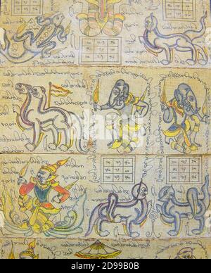 Carte astrologique sur le calendrier birman montrant les esprits gardiens et les animaux mythiques, Myanmar, Birmanie Banque D'Images