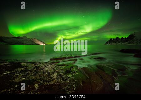 Plus Tugeneset Aurora côte rocheuse avec Okshornan montagnes en arrière-plan, Senja, Norvège Banque D'Images