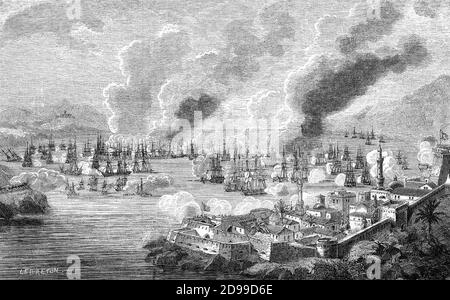 BATAILLE DE NAVARINO 20 octobre 1827 pendant la guerre d'indépendance grecque dans la baie de Navarino (Pylos modernes) au large de la côte ouest de la péninsule du Péloponnèse. Les forces alliées ont vaincu une flotte combinée ottomane et égyptienne. Banque D'Images