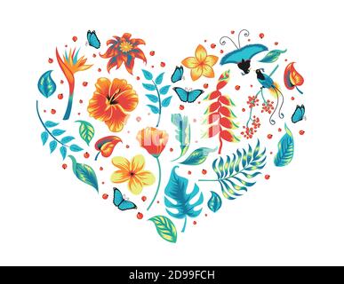 Coeur avec des feuilles tropicales, des fleurs et des oiseaux. Illustration de Vecteur