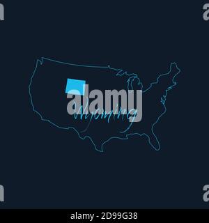 Etat du Wyoming mis en évidence sur la carte des Etats-Unis d'Amérique , modèle infographique des Etats-Unis. Illustration du vecteur de stock isolée sur fond bleu. Illustration de Vecteur