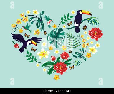 Coeur avec des feuilles tropicales, des fleurs et un oiseau. Illustration de Vecteur