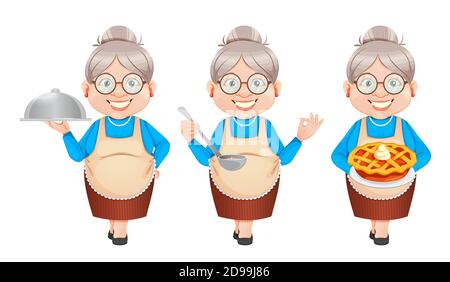 Grand-mère personnage de dessin animé préparant la nourriture, ensemble de trois poses. 8 mars, heureux grand-parents. Vieille femme mignonne. Illustration vectorielle Illustration de Vecteur
