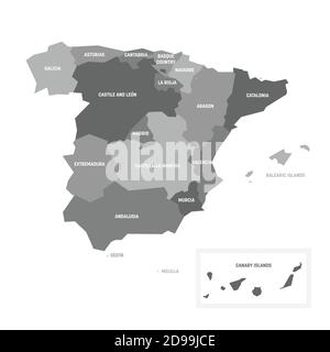 Carte politique grise de l'Espagne. Divisions administratives - communautés autonomes. Carte vectorielle plate simple avec étiquettes. Illustration de Vecteur