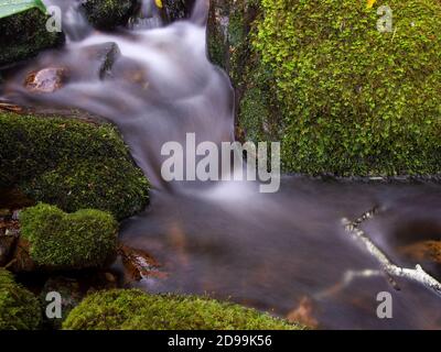 Composite de plusieurs images à longue exposition du ruisseau d'un ruisseau avec des rochers et des billes recouverts de mousse, capturées à flanc de colline de la monture d'Iguaque Banque D'Images