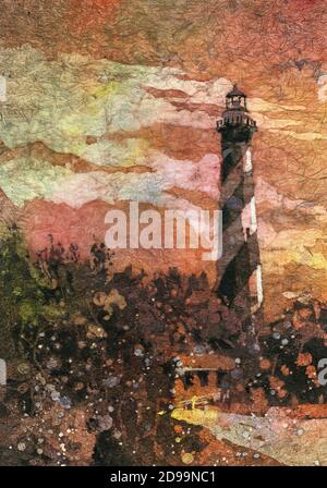Phare de Cape Hatteras aquarelle peinture batik. Peinture d'art de plage de Lighthouse Banque D'Images