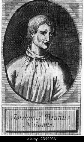 Le philosophe italien , écrivain , dramaturge et érétique GIORDANO BRUNO ( 1548 - 1600 ) , auteur de la comédie ' il candelaio ' ( 1582 ) , Portrait français envraving XVIII Century - FILOSOFO - ERETICO - METAFISICA - COSMOLOGIA - DRAMMATURGO - SCRITTORE - letteratura - littérature - cosmologie - métaphysique - bachigi - moustaches - domenicano - domenicani --- Archivio GBB Banque D'Images