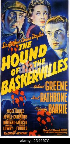 1939 , Etats-Unis : l'affiche du film pour LE LIVRE DES BASKERVILLES ( il mastino dei Baskervilles ) de Sidney Lanfield , d'un roman de Sir Arthur Conan Doyle , Avec Basil Rathbone dans le rôle du célèbre détective SHERLOCK HOLMES - manifeste camografico - TILLER - giallo - image renard du XXe siècle --- Archivio GBB Banque D'Images