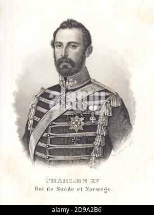 1861 : le roi de Suède et de Norvège Charles XV de Suède et IV de Norvège ( CARL , 1826 - 1872 ). Portrait gravé d'ALMANACH DE GOTHA , 1861. Charles a épousé à holm le 19 juin 1850 la princesse Louise des pays-Bas Mecklembourg-Strelitz ( 1828 - 1871 ), nièce de Guillaume II des pays-Bas par son père et nièce de Guillaume I de Prusse, empereur allemand, par sa mère. Charles était le fils du roi Oscar I de Suède et de Norvège et de la reine Josefina de Suède et de Norvège (née la princesse Josephine de Leuchtenberg). Le mariage a été arrangé pour fournir la nouvelle dynastie Bernadotte . Le Banque D'Images