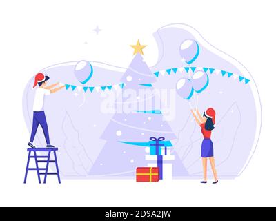 Concept de célébration des jours de Noël pendant les vacances de travail. L'équipe prépare la fête de Noël. Illustrations vectorielles pour cartes de vœux, socia Illustration de Vecteur