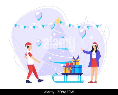 Concept de célébration des jours de Noël pendant les vacances de travail. L'équipe prépare la fête de Noël. Illustrations vectorielles pour cartes de vœux, socia Illustration de Vecteur